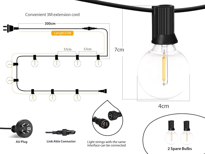 Roshin 31M Festoon Lights Outdoor 50+2 Bulbs with 3M Extension Cord - Outdoor String Lights Waterproof and Shatterproof Fairy Light for Christmas, Garden, Party, Camping, Backyard, Patio (G40)