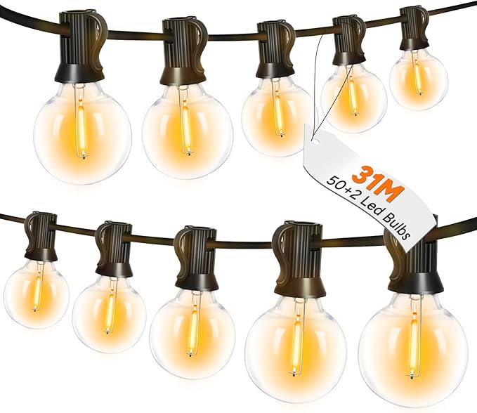 Roshin 31M Festoon Lights Outdoor 50+2 Bulbs with 3M Extension Cord - Outdoor String Lights Waterproof and Shatterproof Fairy Light for Christmas, Garden, Party, Camping, Backyard, Patio (G40)