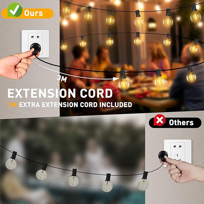 Roshin 31M Festoon Lights Outdoor 50+2 Bulbs with 3M Extension Cord - Outdoor String Lights Waterproof and Shatterproof Fairy Light for Christmas, Garden, Party, Camping, Backyard, Patio (G40)