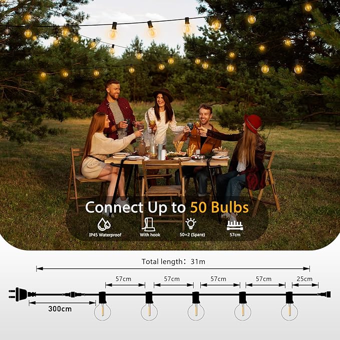 Roshin 31M Festoon Lights Outdoor 50+2 Bulbs with 3M Extension Cord - Outdoor String Lights Waterproof and Shatterproof Fairy Light for Christmas, Garden, Party, Camping, Backyard, Patio (G40)
